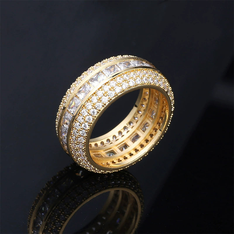 Bague creuse carrée en zircon à cinq rangées de diamants pour hommes, bague tendance hip-hop pleine de zircons