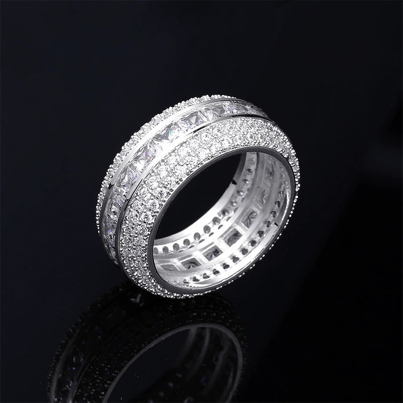 Bague creuse carrée en zircon à cinq rangées de diamants pour hommes, bague tendance hip-hop pleine de zircons