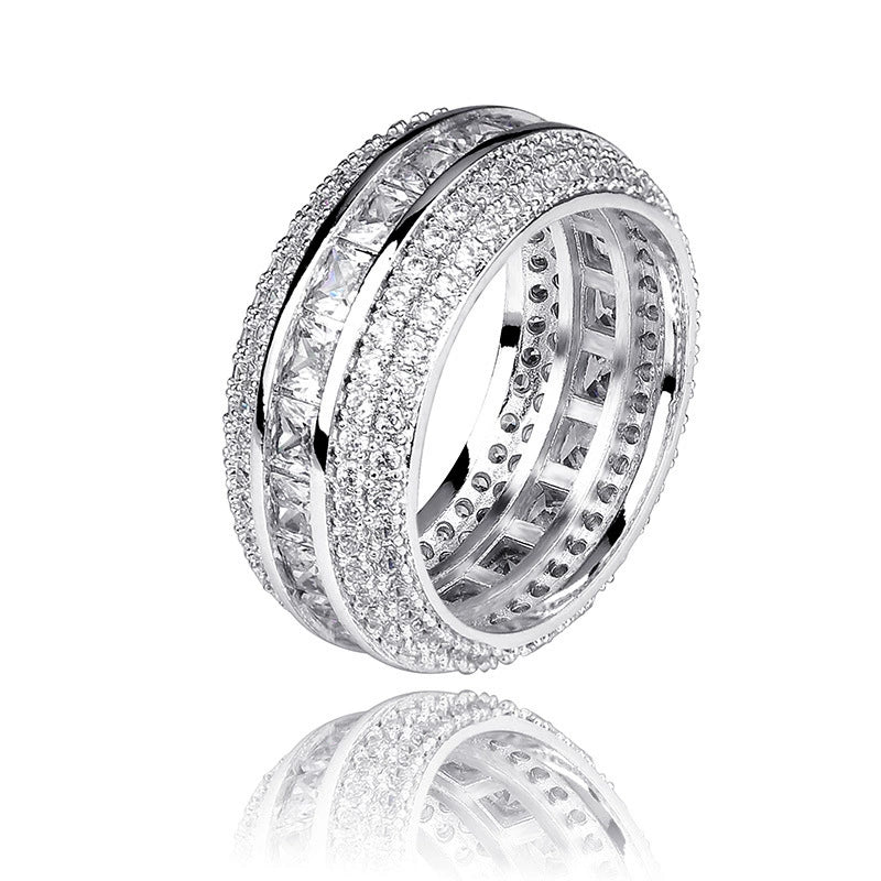 Bague creuse carrée en zircon à cinq rangées de diamants pour hommes, bague tendance hip-hop pleine de zircons