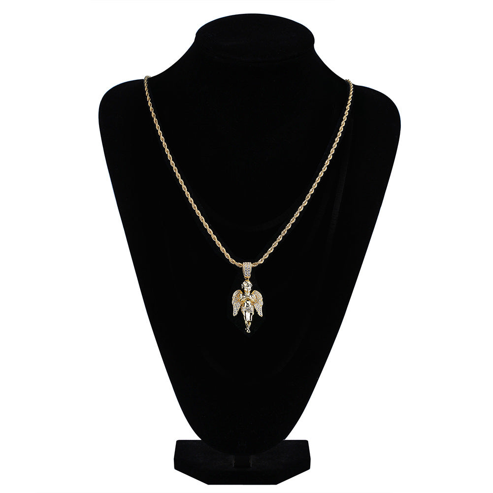 Vente chaude Mains Dix Ange Pendentif Plaqué Or Bicolore Micro Zircon Hip Hop Punk Collier Homme