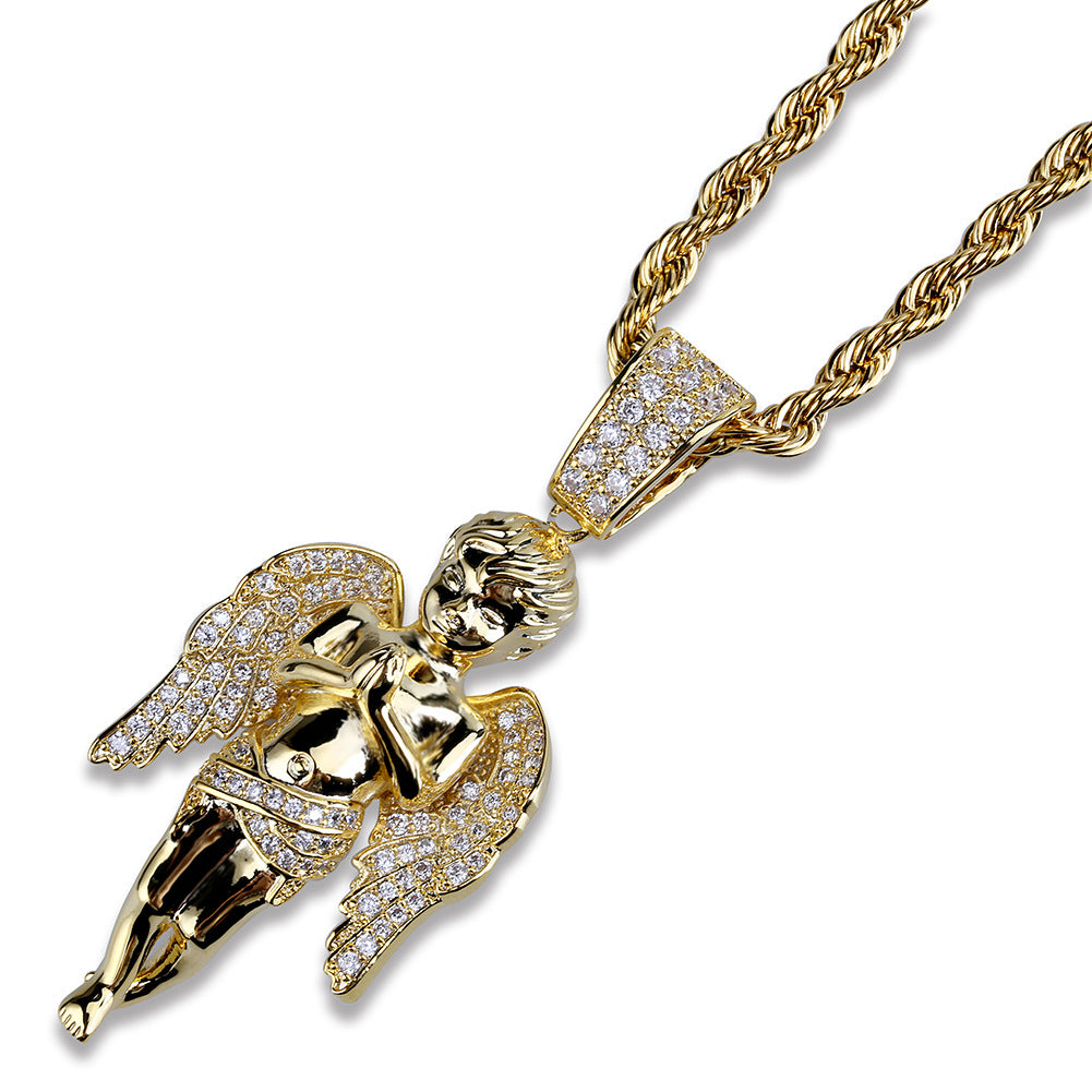 Vente chaude Mains Dix Ange Pendentif Plaqué Or Bicolore Micro Zircon Hip Hop Punk Collier Homme