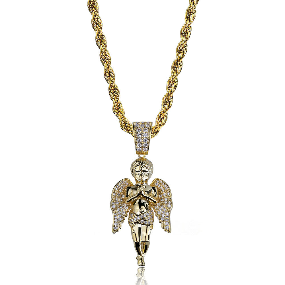 Vente chaude Mains Dix Ange Pendentif Plaqué Or Bicolore Micro Zircon Hip Hop Punk Collier Homme