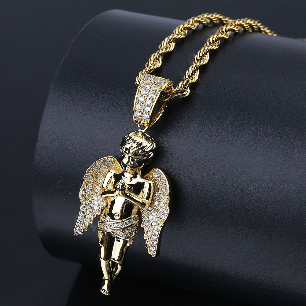 Vente chaude Mains Dix Ange Pendentif Plaqué Or Bicolore Micro Zircon Hip Hop Punk Collier Homme