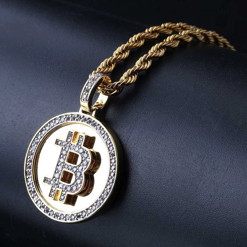 Collier hip hop pour homme avec pendentif Bitcoin en plaqué or et micro-incrusté de zircons