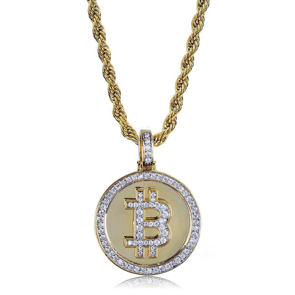 Collier hip hop pour homme avec pendentif Bitcoin en plaqué or et micro-incrusté de zircons