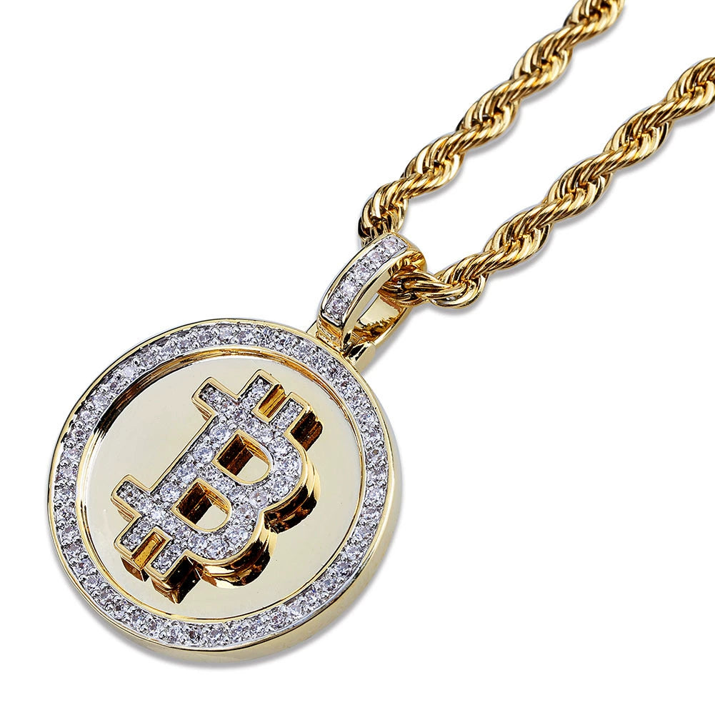 Collier hip hop pour homme avec pendentif Bitcoin en plaqué or et micro-incrusté de zircons