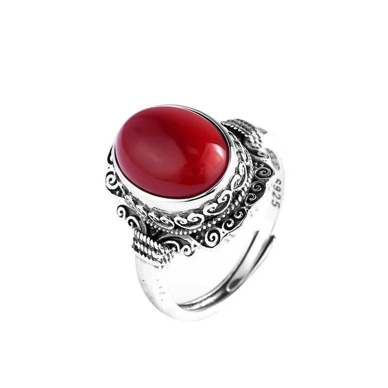 Silver Tibetan style red agate ring