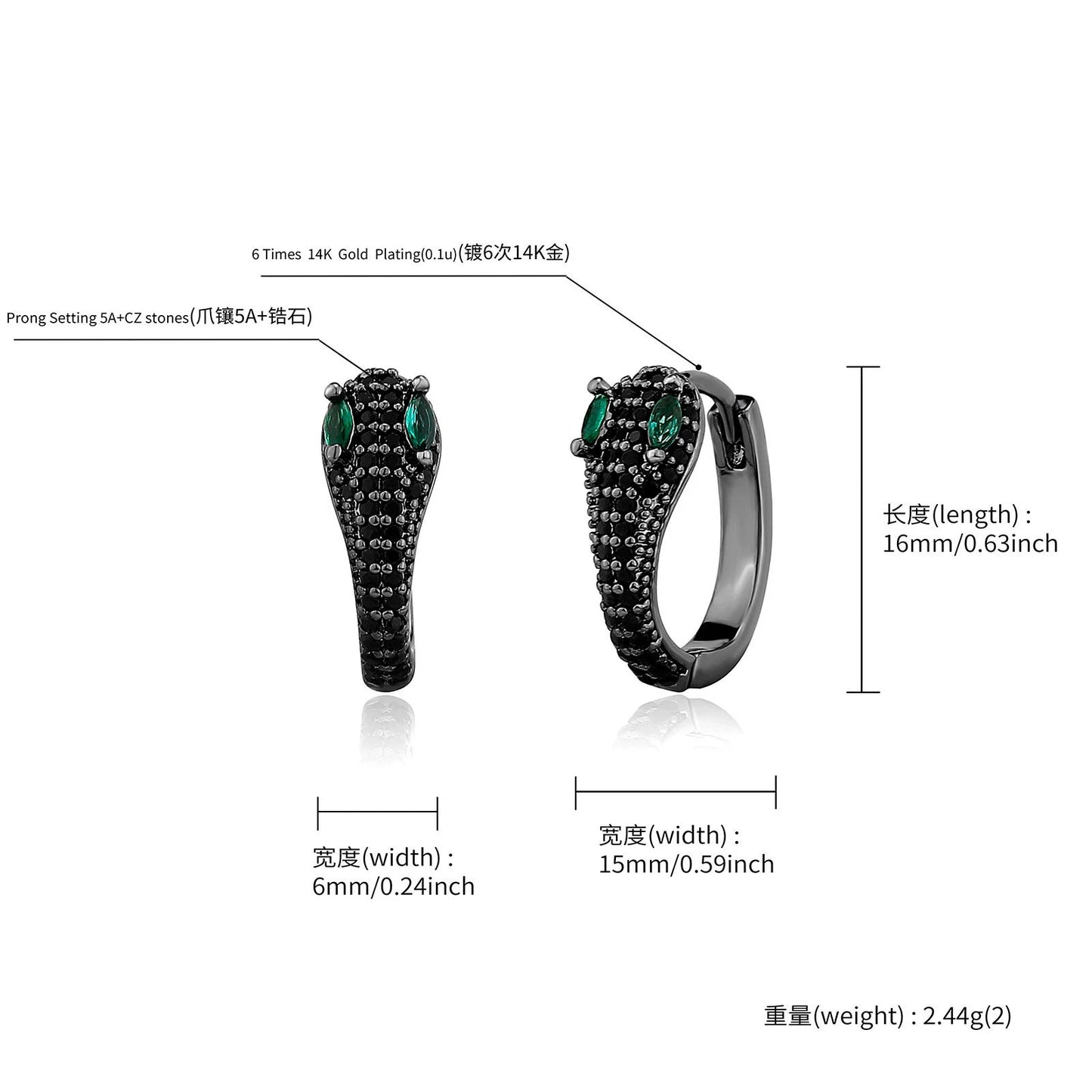 Boucles d'oreilles serpent diamant vert vent, personnalisées et tendance, pour hommes et filles épicées, boucles d'oreilles serpent hip-hop de rue européennes et américaines