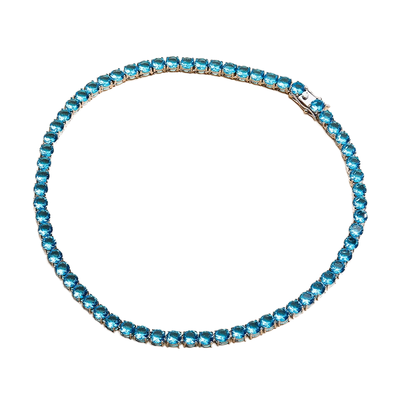 Collier et bracelet à une rangée de diamants en chaîne de tennis en zircon bleu argenté populaire, tendance hip hop