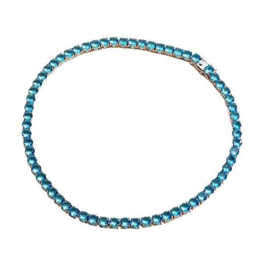 Collier et bracelet à une rangée de diamants en chaîne de tennis en zircon bleu argenté populaire, tendance hip hop