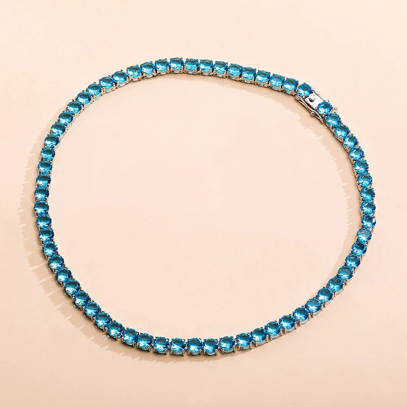 Collier et bracelet à une rangée de diamants en chaîne de tennis en zircon bleu argenté populaire, tendance hip hop