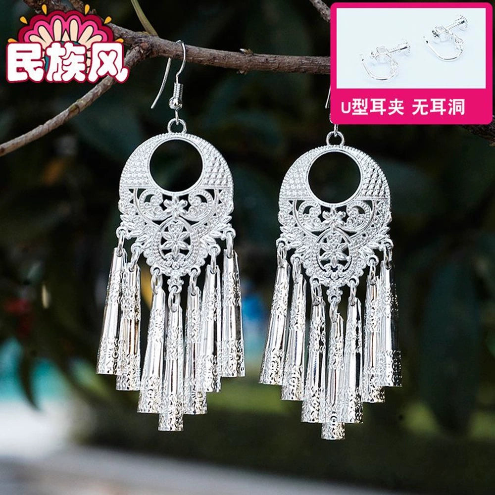 Chinese long tassel Miao earrings