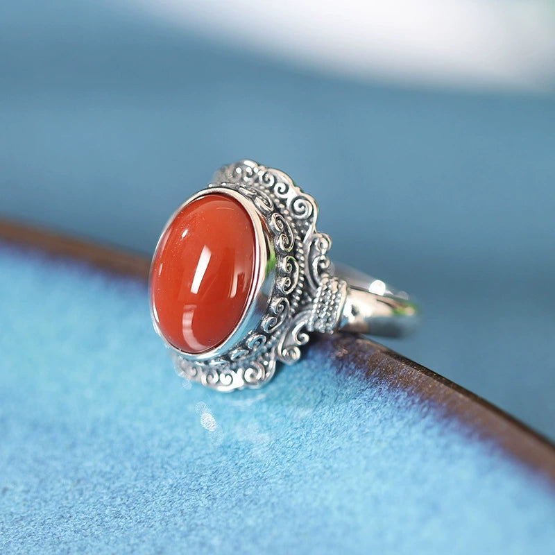 Silver Tibetan style red agate ring