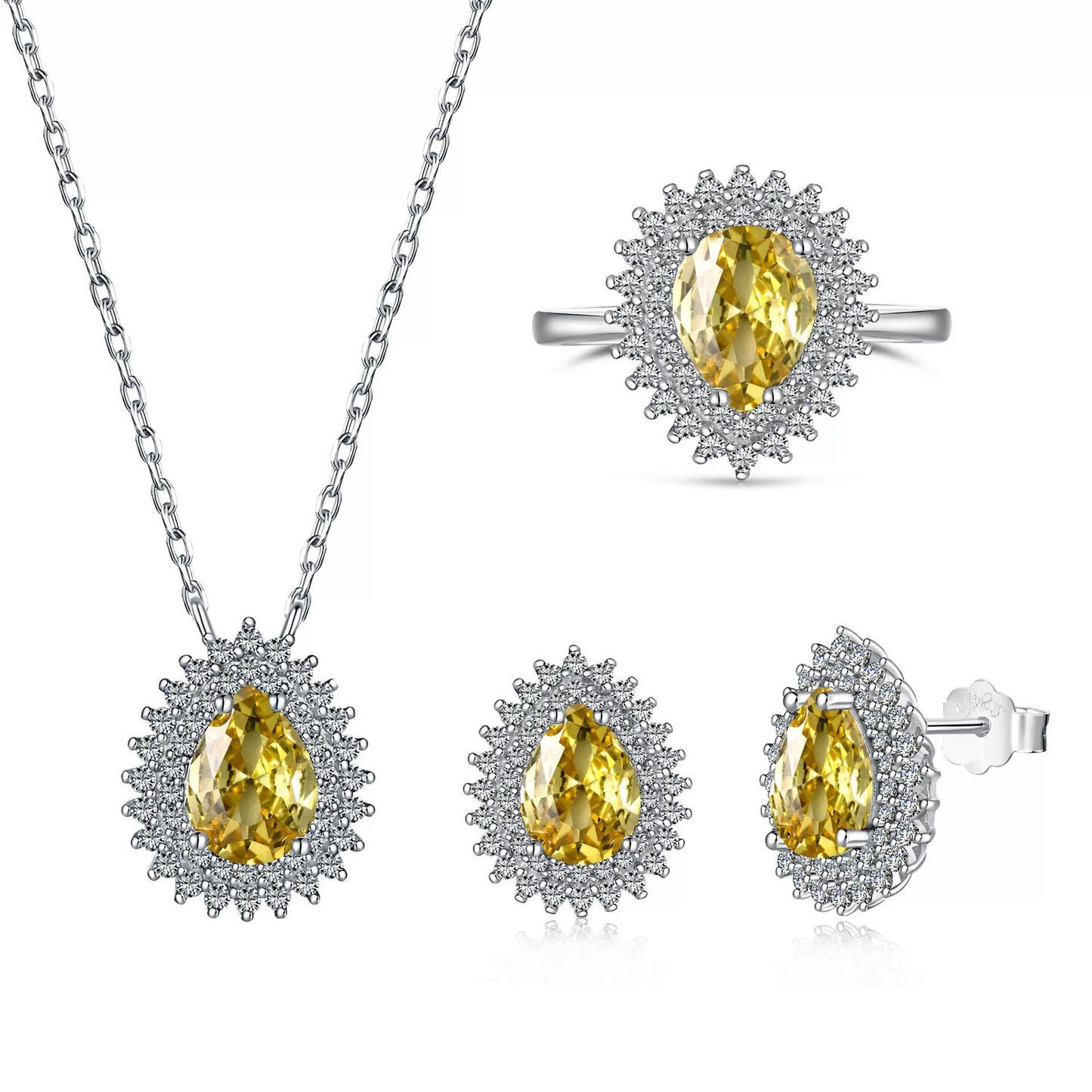 Water droplet yellow diamond zircon necklace ring earring set of three pieces