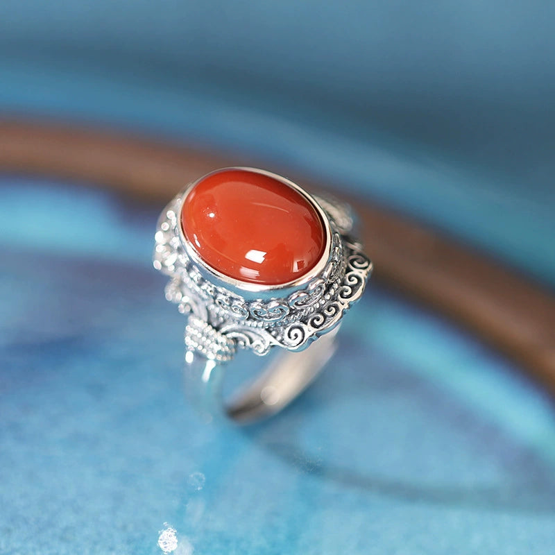 Silver Tibetan style red agate ring