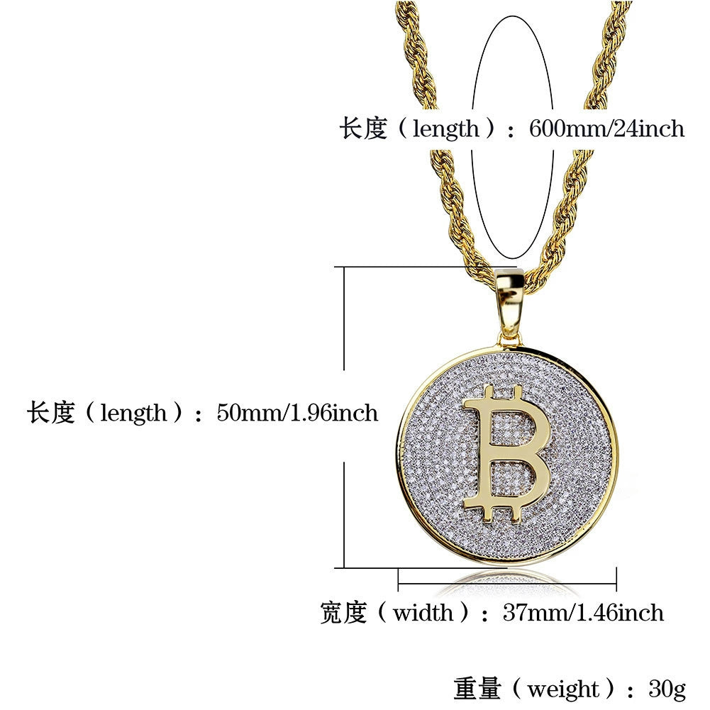 Collier hip hop pour homme avec pendentif Bitcoin en plaqué or et micro-incrusté de zircons