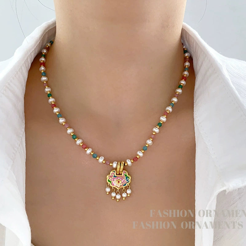 Chinese style painted pearl tassel necklace