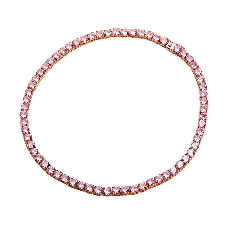 Beliebte Roségold rosa Zirkon Tenniskette Hip Hop Flut voller Diamant einreihige Halskette Armband Schmuck