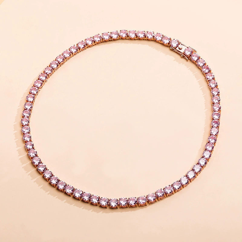 Collier et bracelet à une rangée de diamants en or rose avec chaîne de tennis en zircon rose tendance hip hop