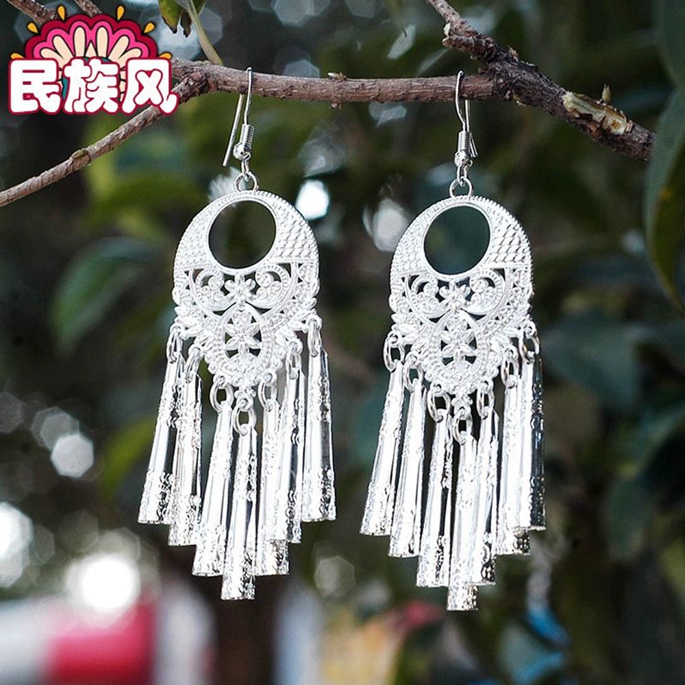 Chinese long tassel Miao earrings