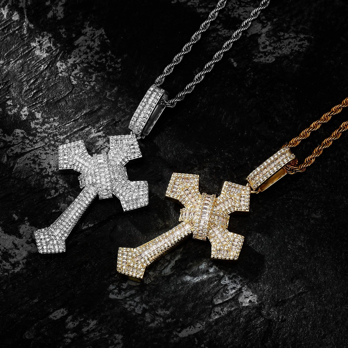 Kupfer eingelegter Zirkonia voller Diamantleiter quadratischer Retro-Kreuzanhänger Hip-Hop trendige Herrenhalsketten-Accessoires