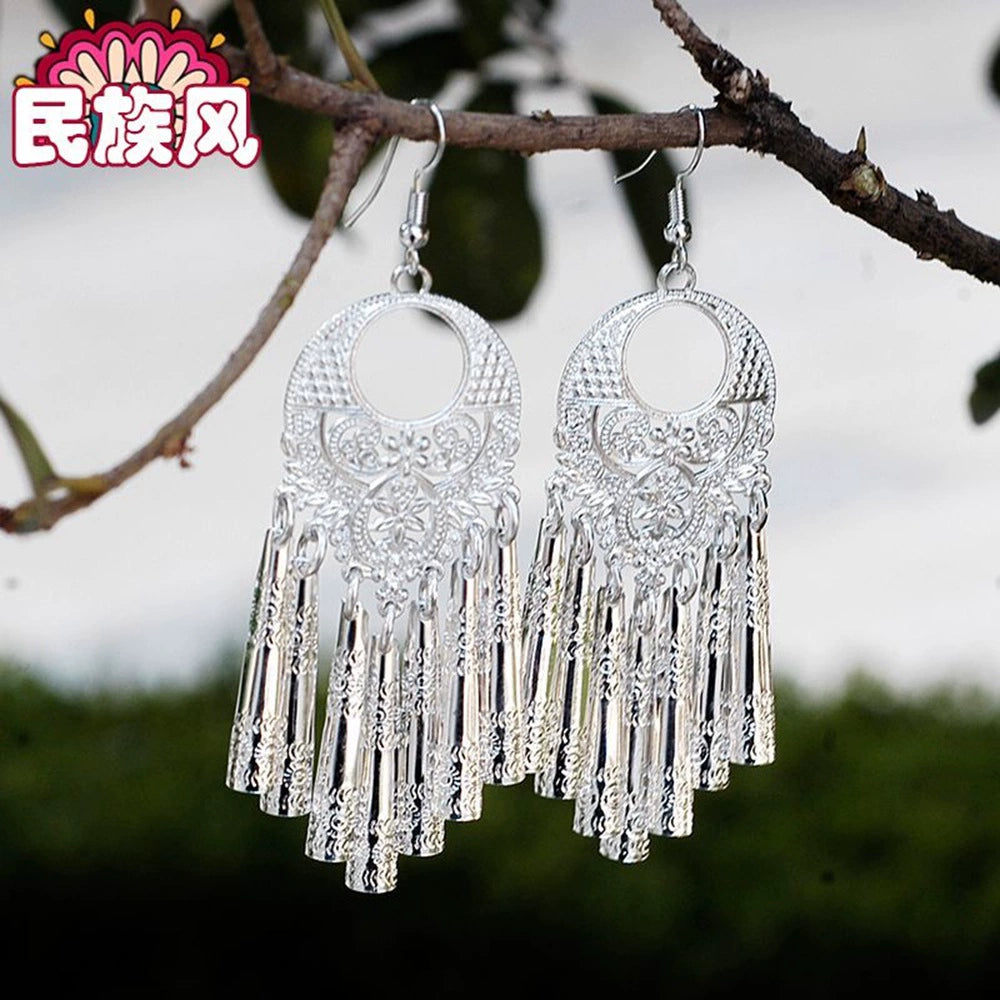 Chinese long tassel Miao earrings