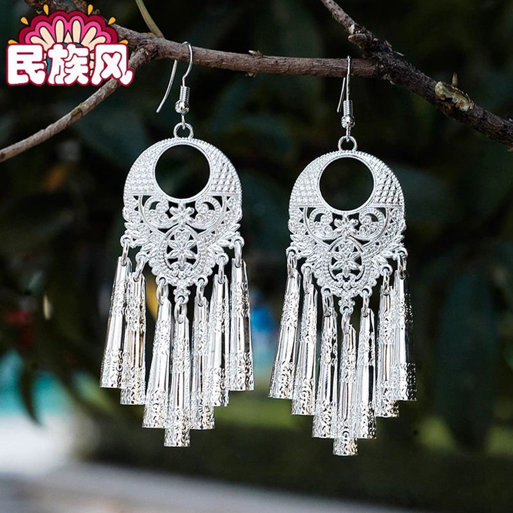 Chinese long tassel Miao earrings