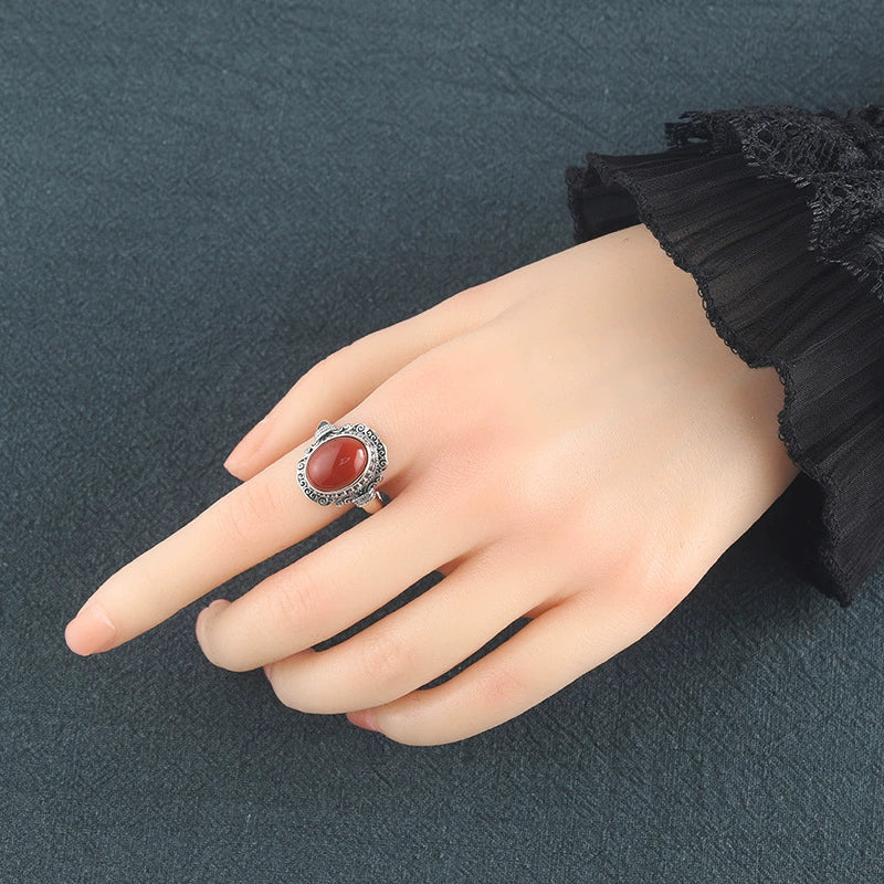 Silver Tibetan style red agate ring