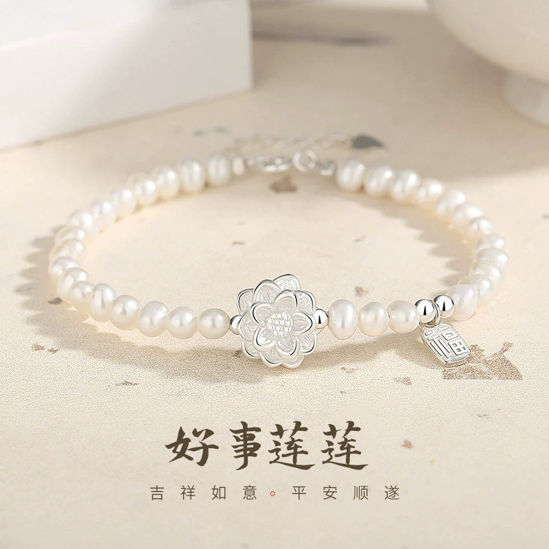 999 reines Silber Lotus Süßwasserperlenarmband für Frauen, leichter Luxus, hochwertiger, fragmentierter Silber-Glücksplakettenschmuck