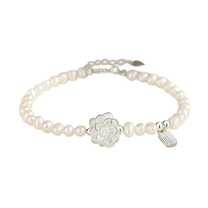 999 reines Silber Lotus Süßwasserperlenarmband für Frauen, leichter Luxus, hochwertiger, fragmentierter Silber-Glücksplakettenschmuck